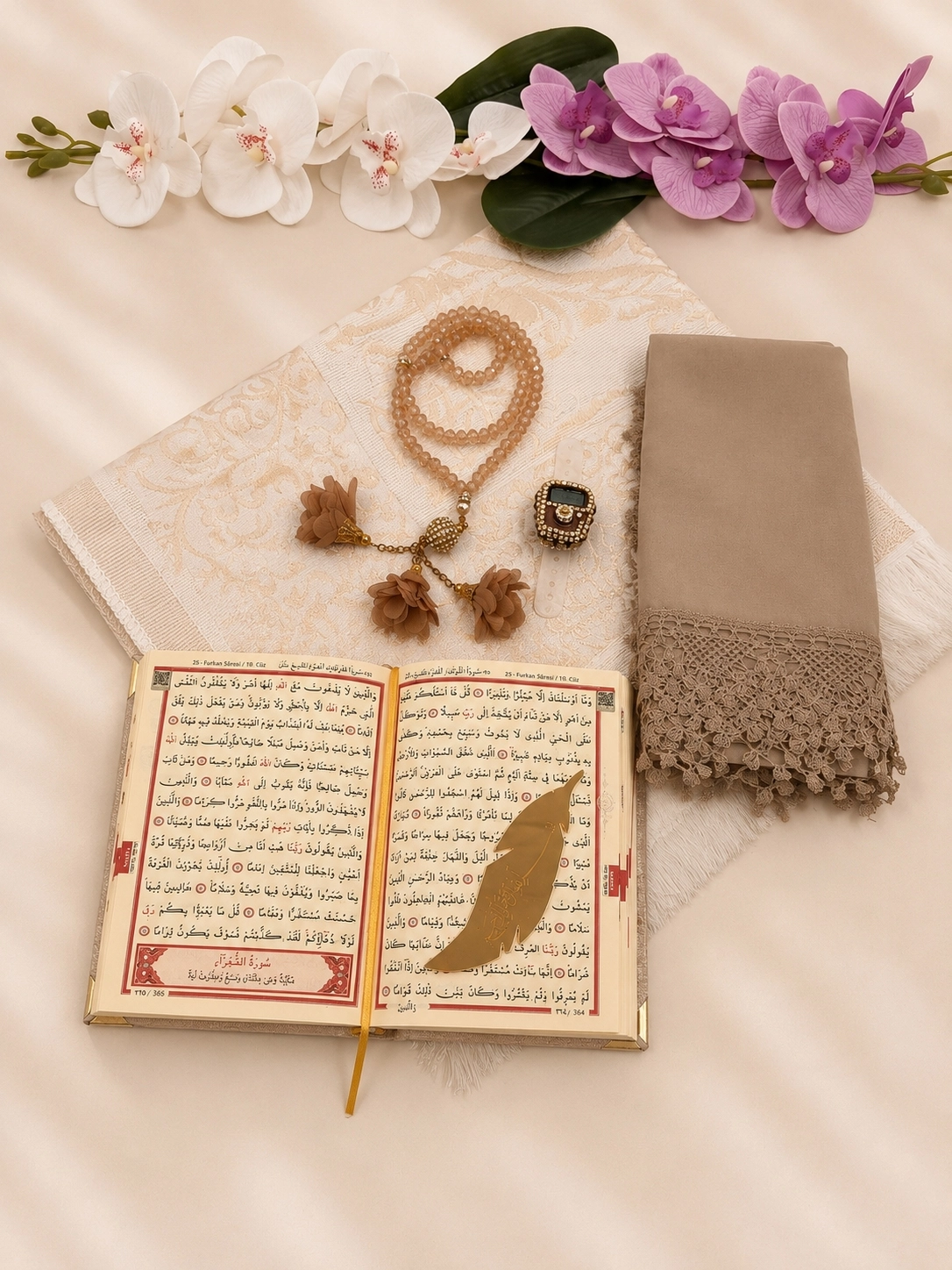 LÜX ÇEYİZ SETİ SECCADE KURANI KERİM NAMAZ ÖRTÜSÜ ZİKİRMATİK KRİSTAL TESBİH