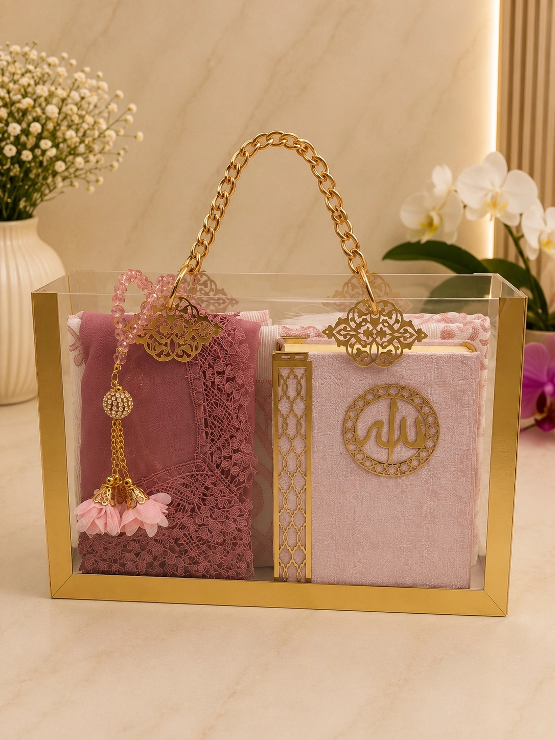 lüx pleksi çanta baş örtülü set pembe
