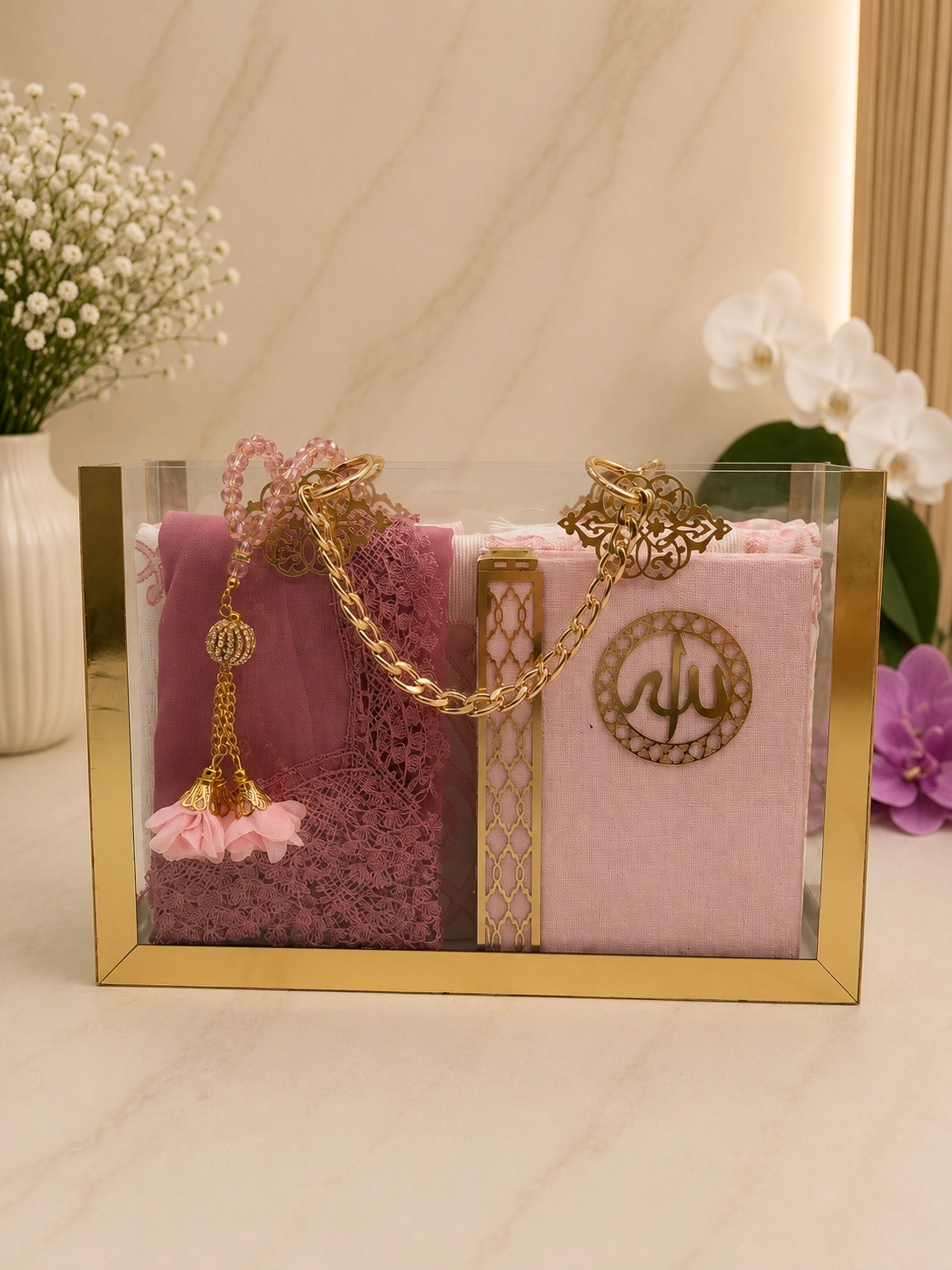 lüx pleksi çanta baş örtülü set pembe