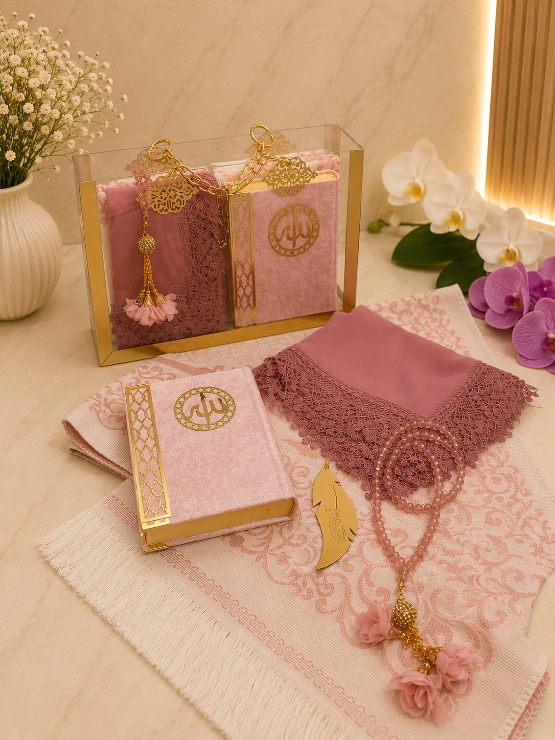 lüx pleksi çanta baş örtülü set pembe