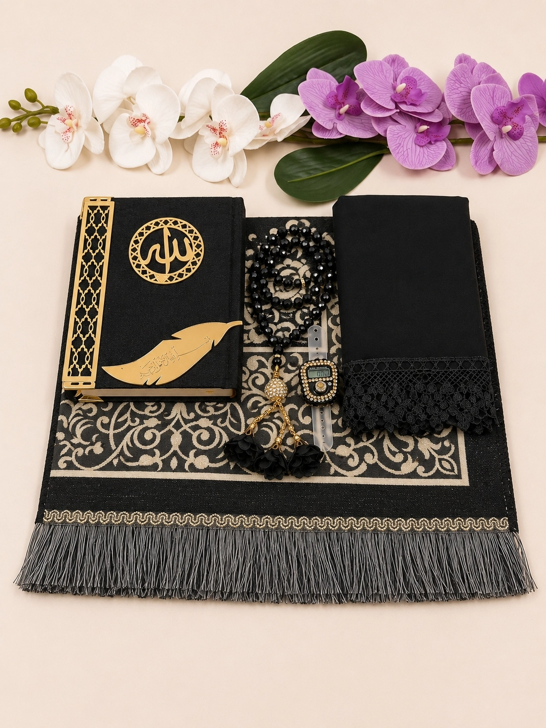 LÜX ÇEYİZ SETİ SECCADE KURANI KERİM NAMAZ ÖRTÜSÜ ZİKİRMATİK KRİSTAL TESBİH