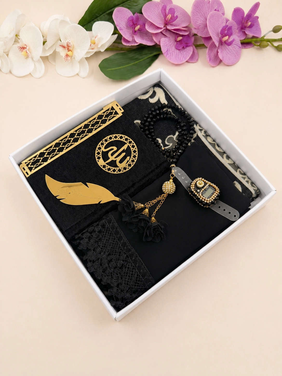 LÜX ÇEYİZ SETİ SECCADE KURANI KERİM NAMAZ ÖRTÜSÜ ZİKİRMATİK KRİSTAL TESBİH