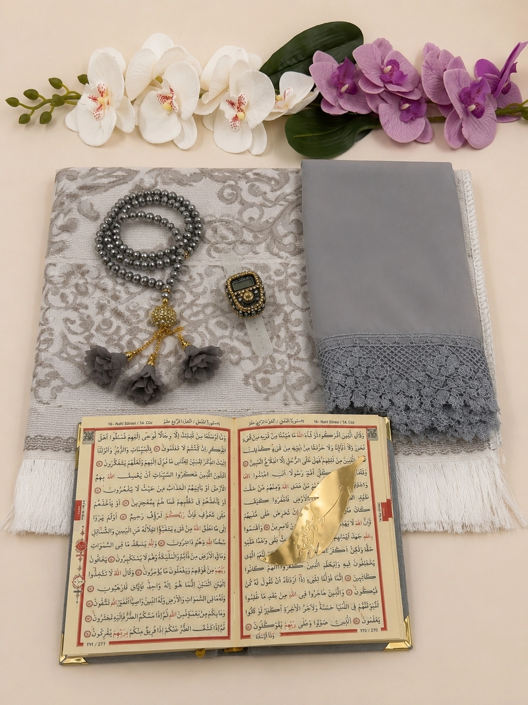 LÜX ÇEYİZ SETİ SECCADE KURANI KERİM NAMAZ ÖRTÜSÜ ZİKİRMATİK KRİSTAL TESBİH