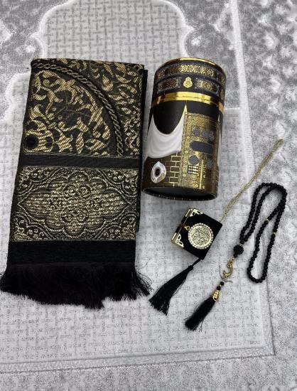 Desenli Silindir Kutu Seccade Tesbih Set (Siyah)