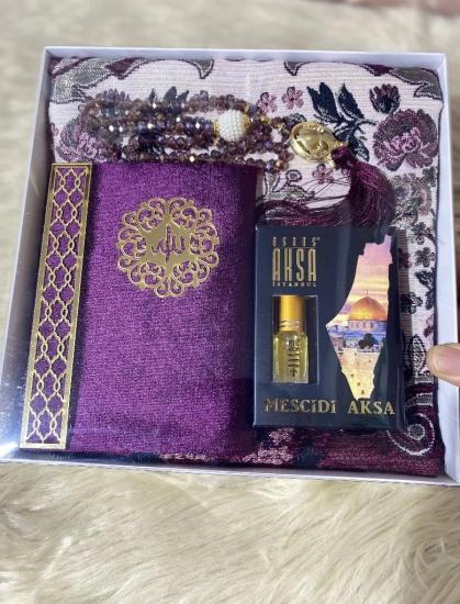Stylish Chenille Prayer Rug Yasin, Crystal Rosary and Kaaba Fragrance Set (Purple)