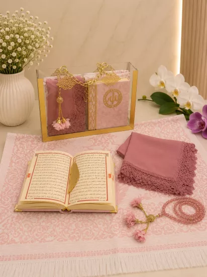 lüx pleksi çanta baş örtülü set pembe