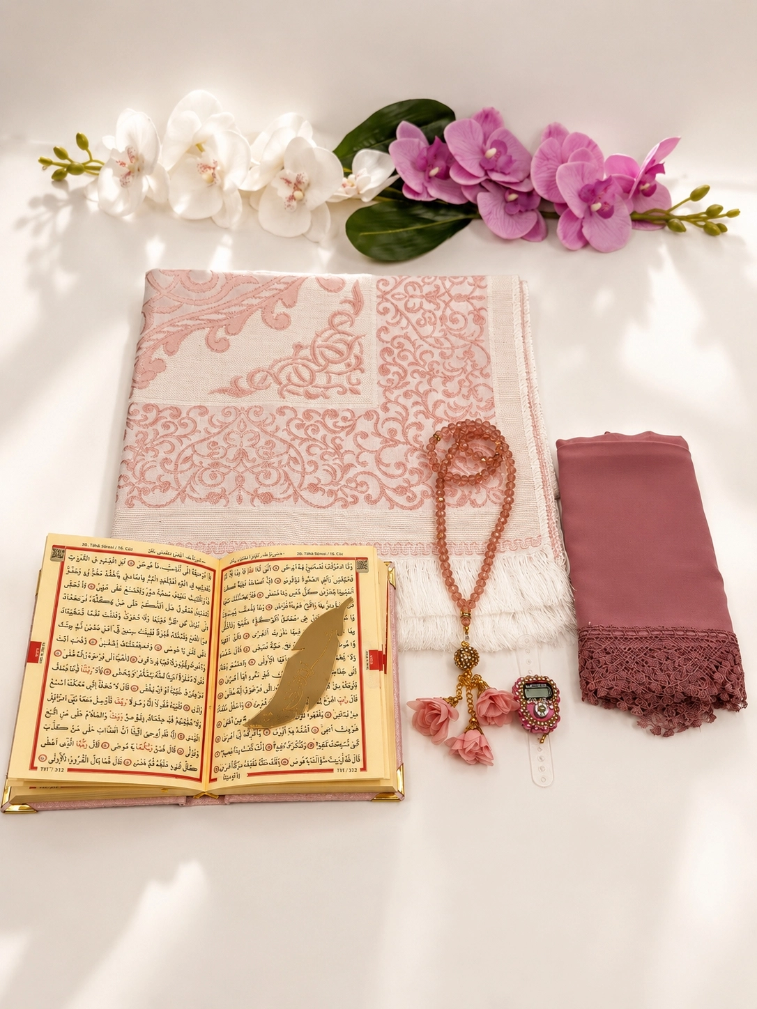 LÜX ÇEYİZ SETİ SECCADE KURANI KERİM NAMAZ ÖRTÜSÜ ZİKİRMATİK KRİSTAL TESBİH