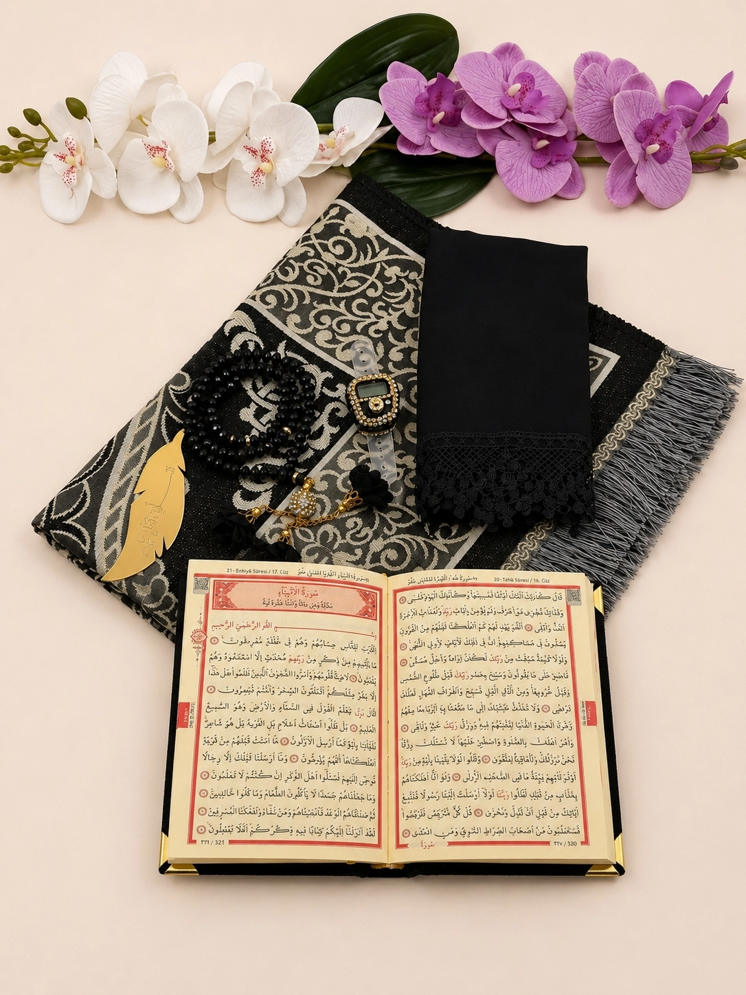 LÜX ÇEYİZ SETİ SECCADE KURANI KERİM NAMAZ ÖRTÜSÜ ZİKİRMATİK KRİSTAL TESBİH